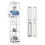 K-Möbel Sammlervitrine (176x37x33cm) - Made in Germany - Vitrinenschrank Weiss mit 4 höhenverstellbaren Glasböden, Spiegel, Schloss & LED - Glasvitrine Stehend - Display Cabinet