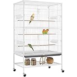 Yaheetech Vogelkäfig mit ständer, Vogelvoliere mit 3 Holzstangen und 4 Futternäpfen, Wellensittich Käfig mit 4 Rollen, Voliere für Papageien, 52 x 79 x 132 cm, Weiß