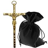 Lunexus Wandkreuz Metall 11 cm Gold - Katholisches Metallkreuz gesegnet - Kruzifix INRI Gravur, Türrahmen, Andachtsraum, Wohnzimmer - Christliches Wandkreuz mit Samtsäckchen & spiritueller Bedeutung