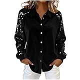 Generisch Glitzer Oberteile Damen Pailletten Oberteil Silvester Outfit Elegant Button Down Glitzer Langarmshirt Sexy V-Ausschnitt Langärm Pailletten Oberteil mit Knöpfen Bluse Tunika Party Tops