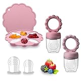 ZUFIO Fruchtsauger Baby -Fruchtsauger Baby ab 6 Monate (2 Fruchtsauger + 1 Eisform+3 Schnuller) für Babynahrung Muttermilch Eiswürfel (Rosa/Lila2+1)