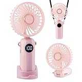 Jsdoin Tragbarer Mini-Ventilator, tragbarer Mini-Ventilator mit LED-Display, 5 Geschwindigkeitseinstellungen und wiederaufladbaren Halsventilatoren für Zuhause, Büro (Rosa)