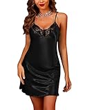 Marvmys Negligee Damen Satin Sexy Babydoll Kurze Nachthemd Sommer Spitzen V-Ausschnitt Schlafshirt Nachtkleid Unterkleid Verstellbarer Schultergurt A-Schwarz S