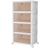 PurKeep Aufbewahrungsboxen mit Deckel, 23 l x 4 Etagen, Kunststoff-Aufbewahrungsbox mit Deckel, stapelbare Aufbewahrungsboxen mit Rollen, Aufbewahrungsschubladen mit Vordertür, Kunststoffbox für