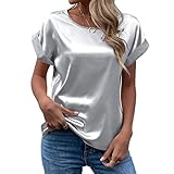 CGGMVCG Damen Sommer Tops Frühling Sommer Damen Kurzarm Seide Satin Hemd Lose Casual Rundhals Blusen, Grau, Klein