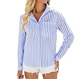Damen-Langarm-Top, Knopfleiste, V-Ausschnitt, gestreift, lockere Passform, Business, Freizeit, Büro, Arbeitshemd, blau, XL