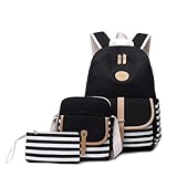 Kinder Rucksäcke Wandern und Mädchen, leichter Canvas-Rucksack mit Streifen, süßes Taschenset für Teenager, Büchertaschen + Lunchtasche + Beutel Fahrrad Rucksäcke Mit Licht (Black, One Size)