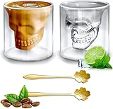 Tbintul 2 Stück Totenkopf Gläser,Doppelwandige Kaffeegläser,Doppelwandige Gläser Latte Macchiato Ideal für Whisky Wodka Absinth Kaffee Bier Tee (250ML)