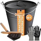BLACK OAK Ascheeimer FOGO 10L - schwarz mit Deckel mit Metallgriff + Feger + Schaufel & Handschuhen - 10L groß Stahl feuerfest verzinkt & pulverbeschichtet Eimer für Asche Kohle Pellets Zubehör Kamin