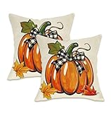 Fahrendom Dekorative Dekokissenbezüge mit Kürbis, Herbstbüffelkariert, Schleife, Ahornblätter, Veranda, Terrasse, Outdoor, Herbst, Bauernhaus, Sofa, Couch, Kissenbezug, Heimdekoration, 45,7 x 45,7 cm