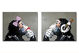 Fokenzary handgemaltes Ölgemälde auf Leinwand Pop Art Gorilla-Pärchen beim Musikhören Wanddekoration gerahmt fertig zum Aufhängen canvas 24x32inx2pcs