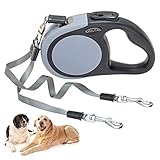 KOOLTAIL Dual einziehbare Hundeleine für zwei Hunde bis 110 Lbs, Heavy Duty Doppelkopf 16 ft Flexi Ausziehbare 360° Verwicklungsfreie Ein-Knopf-Verriegelung Bremse Hundeleine für kleine mittlere Grau