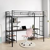 FetiNes Hochbett mit Schreibtisch 90x200cm, Etagenbett mit Regalen Stauraum, Stockbett aus Metall mit Sicherheitsgeländer und Leiter für Kinder, Jugendliche und Erwachsene, Schwarz