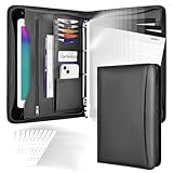 Leathario Schreibmappe A4 mit 10er Dokumentenhüllen und 3er Schreibblock-Set，Konferenzmappe mit 4 Ringbuch，Dokumentenmappe mit Reißverschluss,Ordner für Meeting, Business,Mappe für Geschäftsreisen