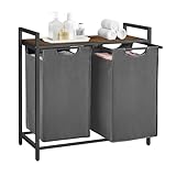 VASAGLE Wäschekorb 2 Fächer, Wäschesammler mit Ablage, Wäschebox, Wäschesack aus Oxford-Gewebe abnehmbar, Metallrahmen, 2 x 46 L, 73 x 33 x 72 cm, schiefergrau-vintagebraun BLH201G01