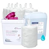 Wellsamed Desinfektionsmittel Set, 5 Liter Schnelldesinfektionslösung Neutral, Gebrauchsfertig, Mit Spendereimer und 8 Rollen Wischtücher à 70 Blatt