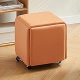 Sitzsack Stapelbar 5 in 1 Sitzwürfel Stuhl Set mit quadratischer Fußstütze aus Leder mit Rädern für Schlafzimmer Wohnzimmer Esszimmer Orange A