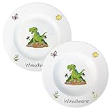 Kindergeschirr Speiseservice 2-tlg. Suppenteller und Speiseteller Kinder Service Set aus Porzellan personalisierbar mit Wunschname Name Kindergeschirr mit Namen personalisiert (Dinosaurier)