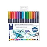 STAEDTLER 3001 TB18 Doppel-Fasermaler (feine Spitze und Pinselspitze, für Aquarell-Effekte) Klarfaltetui mit 18 brillanten Farben