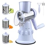 XWGKLN Käsereibe mit Kurbel, 3-in-1 Gemüseschneider Manuell, Gurkenhobel mit 3 Trommelblättern, Küchenreibe für Gurken, Käse Nüsse, Karotten Usw, Ausgestattet mit Professionellen Reinigungsbürsten