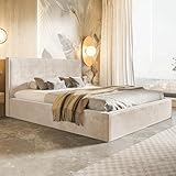 MOTIVENA Boho Polsterbett 180x200 mit Bettkasten, mit Stauraum, Bett Kopfteil Samt, ohne Matratze, Bett Samt, Beige Creme