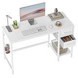CubiCubi Schreibtisch mit 2 Schubladen und Kopfhörerhaken, 100×50×75cm Kleiner Computertisch, Bürotisch, für Arbeitszimmer, Schlafzimmer, Metallgestell, Weiß