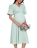 YesFashion Umstandskleid Damen Sommer Elegant V-Ausschnitt Langes Stillkleid Hohe Taille Casual Schwangerschaftskleid mit Laternenärmel Hellgrün XL