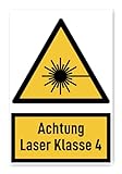 Aufkleber: 300x200 mm, 1 Stück - Achtung Laser Klasse 4 - Warnzeichen mit Text (deutsch) (gelb/schwarz) - Dreick - W004 - DIN EN ISO 7010 / ASR A1.3