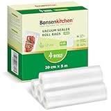 Bonsenkitchen Vakuumierbeutel 4 Rollen 20x500 cm, Vakuumierfolie Profi Vakuumbeutel Lebensmittel für Vakuumiergerät BPA-frei, Vakuumrollen Kochfest und Sous Vide Gefrierbeutel VB40