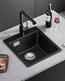 Sofetiy Spülbecken Schwarz Granit, Spüle 40x45cm, Küchenspüle Mit Siphon, Waschbecken Küche Rechteckig, Einbauspüle Mit 2 Hahnlöcher, Granitspüle 1 Becken, Reinigungsfreundliche