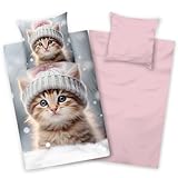 Aminata kids - Biberbettwäsche 135x200 Katzen-Motiv für Mädchen, Rosa grau, 100% Baumwolle, Reißverschluss - Warm, Weich & Kuschelig - Flanellbettwäsche