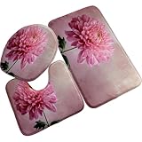 Badteppich Set Retro Rosa Blume Bad Vorleger Waschbar Teppich Badezimmer Badmatte rutschfest Badezimmerteppich WC Deckelbezug und WC Vorleger mit Ausschnitt 3 Teilig 45x75 cm