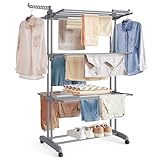 SONGMICS Wäscheständer, Standtrockner 4 Ebenen, Flügelwäscheständer, klappbare Flügel, mit Rollen, 63,5 x 128 x 173 cm, groß, einfacher Aufbau, Taubengrau LLR701G01