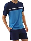 Bresdk Schlafanzug Herren Kurz Baumwolle Shorty Pyjama Set Zweiteiler Kurzarm Nachtwäsche mit Oberteil und Pyjamahose Hausanzug Sleepwear