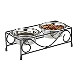 Relaxdays Hunde-Napfset mit Halterung, Napfständer Hunde & Katzen, 2 Edelstahlnäpfe je 300 ml, Futterbar, schwarz/Silber