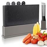 Myiosus Schneidebrett mit Halterung – Set mit 4 Schneidebrettern aus Kunststoff, 31,5 x 21,5 cm, Index, Schneidebrett für Fisch, Gemüse, Obst, Fleisch, Brot
