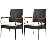 KOMFOTTEU 2er Rattanstuhl Set, Gartenstuhl mit Rückenlehne & abnehmbarem Kissen, Terrassenstuhl mit G Design Armlehnen, Balkonstuhl bis 180 kg belastbar für Pool Terrasse Garten