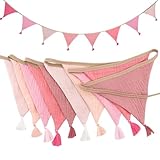 Girlande Wimpelkette Kinderzimmer, 2.6m Musselin Baumwolle Stoff Wimpelkette mit Quasten, Babyzimmer Deko Wimpel, Wetterfest Wimpelkette Outdoor Kinderzimmer für Mädchen und Junge (A)