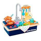 Kinderwaschbecken mit Wasserhahn & Wasser - Waschbecken Kinder mit Wasserfunktion - Küchenspüle Spielzeug Set für Küche Rollenspiel für Kinder(Blu)