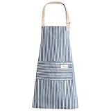 LECTNORE Gestreifte Latzschürze, Kochschürze, verstellbare Schürze mit 2 Taschen, Kochschürze, Baumwollschürze für Damen/Herren (Blau)