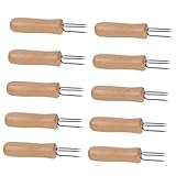 Baluue 10 Stück 10 teiliges Edelstahl Dreizahn Maisspießgabeln mit Holzgriff Hitzebeständig und Rutschfest für BBQ Snacks und Fingerfood Tragbar für Picknick und Grillpartys