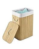Juskys Bambus Wäschekorb Curly Natur 72L - Hygienischer & Faltbarer Wäschekorb mit Deckel, Tragegriff & Wäschesack - Natürliche Bambus Optik