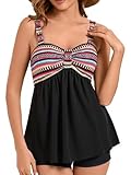 Laorchid Damen zweiteilig Badeanzug Push up Bademoden bauchweg Tankini Set Raffungen high Waist Tankini Beachwear Hotpants Böhmen Streifen 5XL(EU 50)