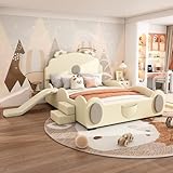 Kinderbett 140x200cm Cartoon Bärenbett mit Rutsche und Leiter Doppelbett PU Material Jugendbett für Jugendliche Familienbett Ohne Matratze Gästebett Beige