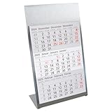 Tischkalender zum Aufstellen aus Edelstahl I für 2 Jahre 2025/2026 I 3-Monats-Kalender Block Magnet I mehrsprachig D/GB/F I Silber matt klein I tr093