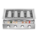 Hanmorfarbi 4 Flammen Gasgrill Gasbräter, Edelstahl Raucharm Grill mit Höhenverstellbarem Rost & Abziehbare Fettpfanne, für Camping, Gartenparty, Balkon (LPG)