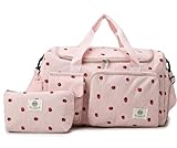Suweir Sporttasche Kinder Reisetasche Mädchen Damen mit Schuhfach und Nassfach Cord Schwimmtasche Weekender Travel Bag Erdbeere Handgepäck Tasche Geldbörse für Reisen, Fitness, Sport Schwarz Rosa