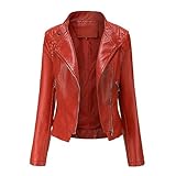 YYNUDA Damen Lederjacke Kurz Bikerjacke Reverskragen Reißverschluss Leder Jacke Übergangsjacke Kurze Jacke Rot XXL