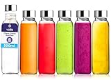 volila Trinkflasche aus Glas – 6er-Pack Auslaufsichere Trinkflaschen 500 ml für Saft, Milch und Smoothies – Wiederverwendbare Glasflasche mit Luftdichten Metallkappen, Bürste und Weißen Etiketten