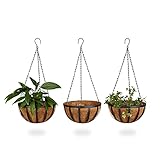 Relaxdays Blumenampel 3 Körbe, Kokos, 21 Liter Volumen, mit Kette, 30 cm Durchmesser als Hängeampel, braun, 30 x 30 x 65 cm